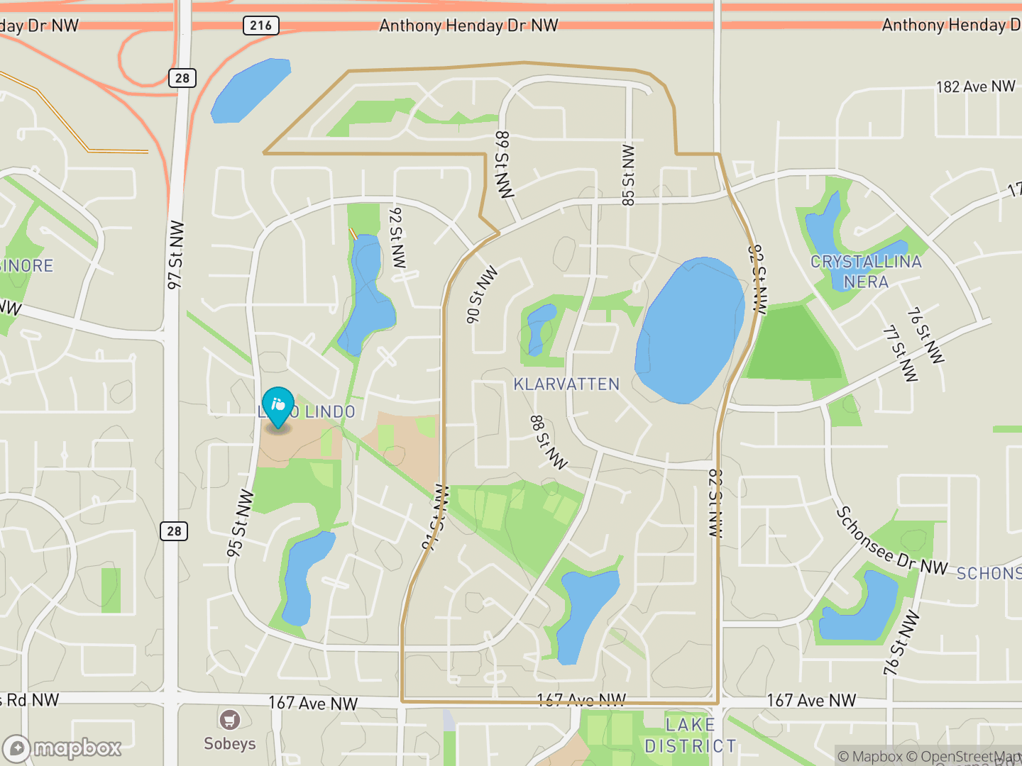 Map of Klarvatten, Edmonton — neighbourhood boundary, 1 school, parks and surrounding streets.