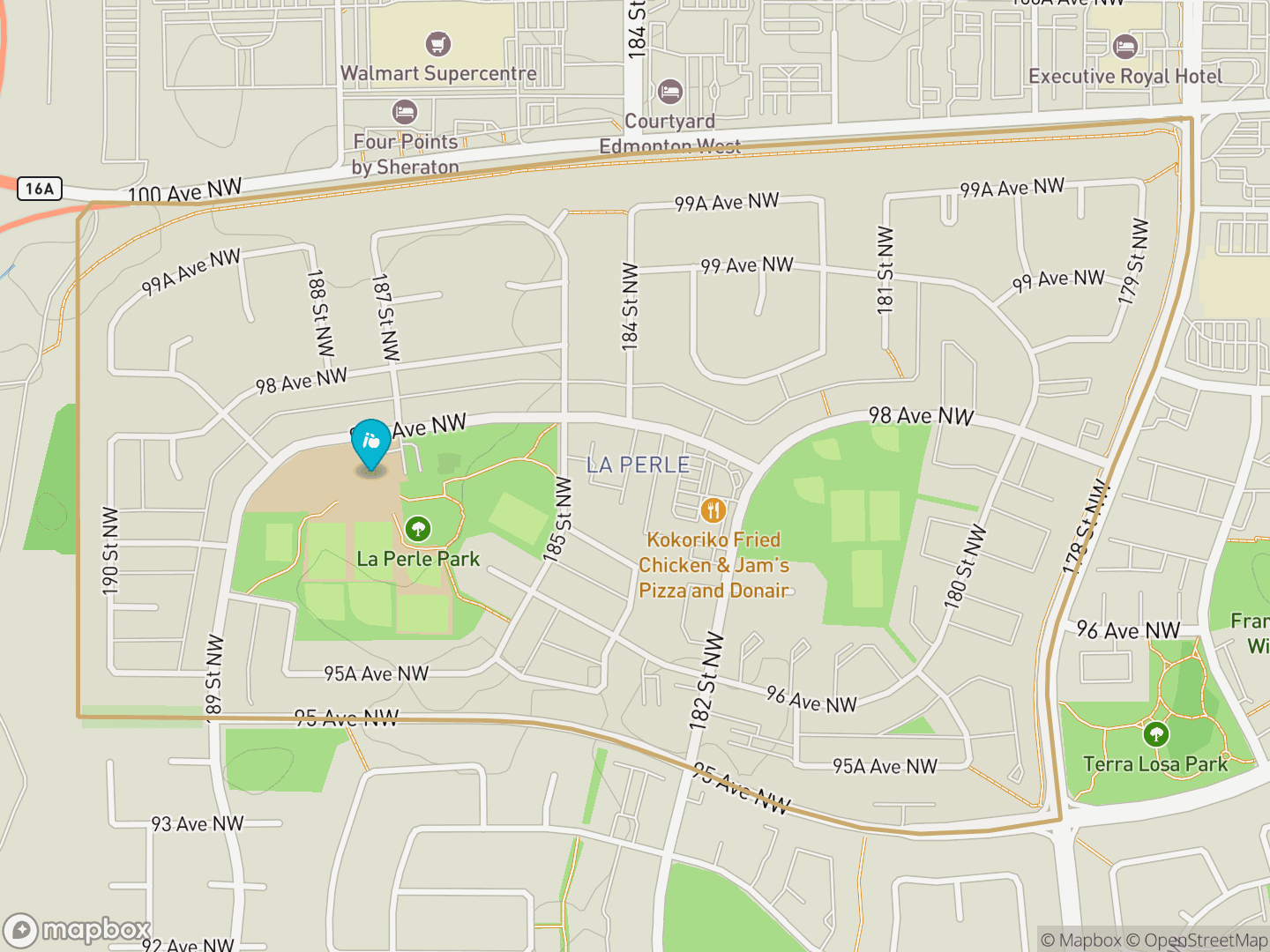 Map of La Perle, Edmonton — neighbourhood boundary, 1 school, parks and surrounding streets.