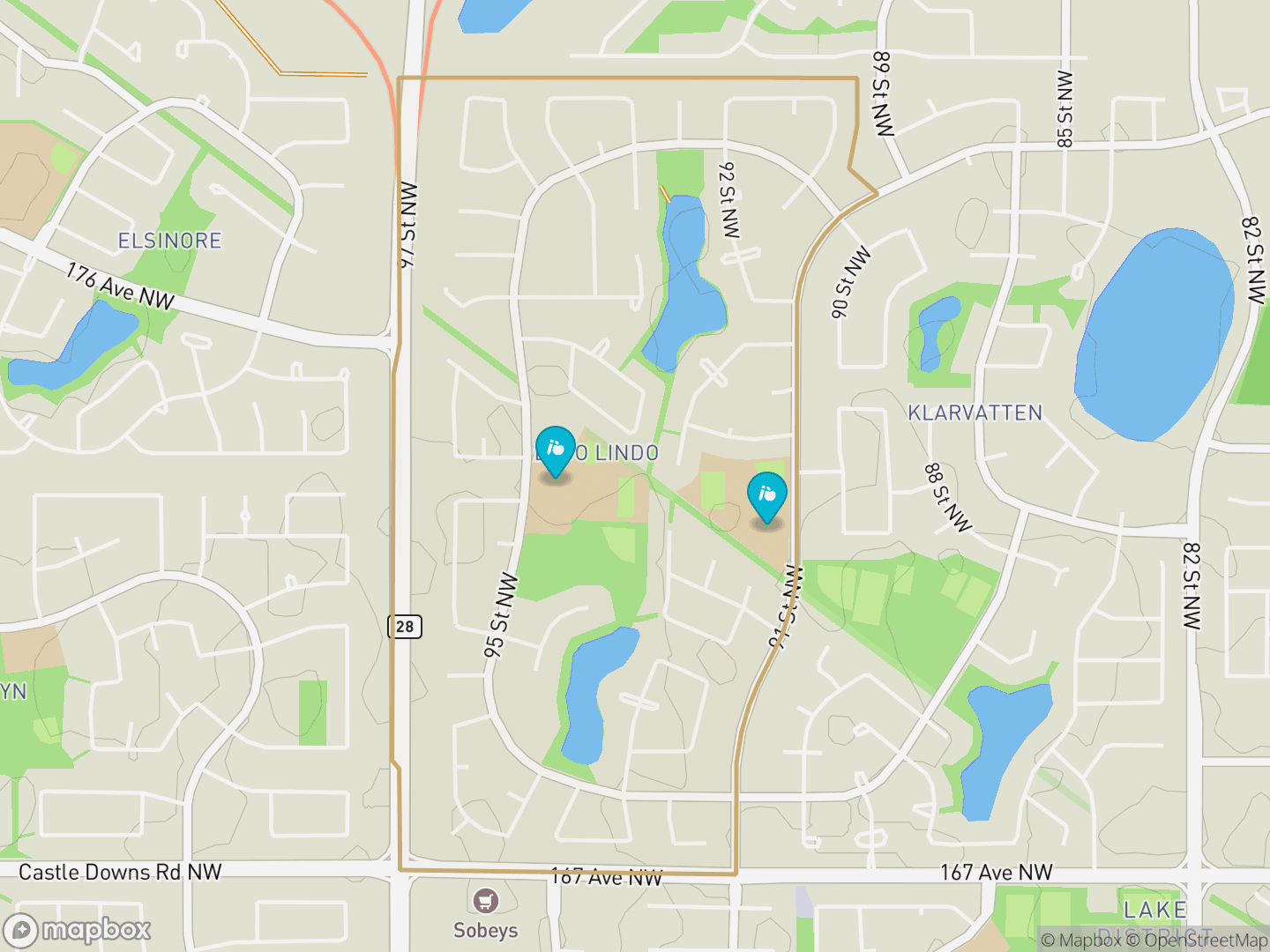 Map of Lago Lindo, Edmonton — neighbourhood boundary, 2 schools, parks and surrounding streets.