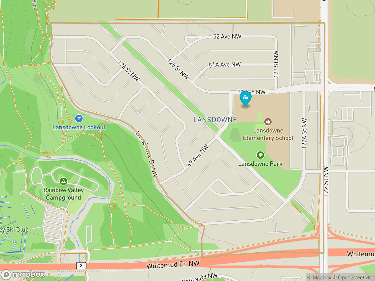 Map of Lansdowne, Edmonton — neighbourhood boundary, 1 school, parks and surrounding streets.