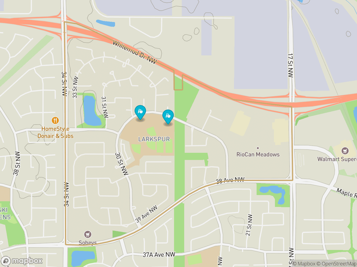 Map of Larkspur, Edmonton — neighbourhood boundary, 2 schools, parks and surrounding streets.