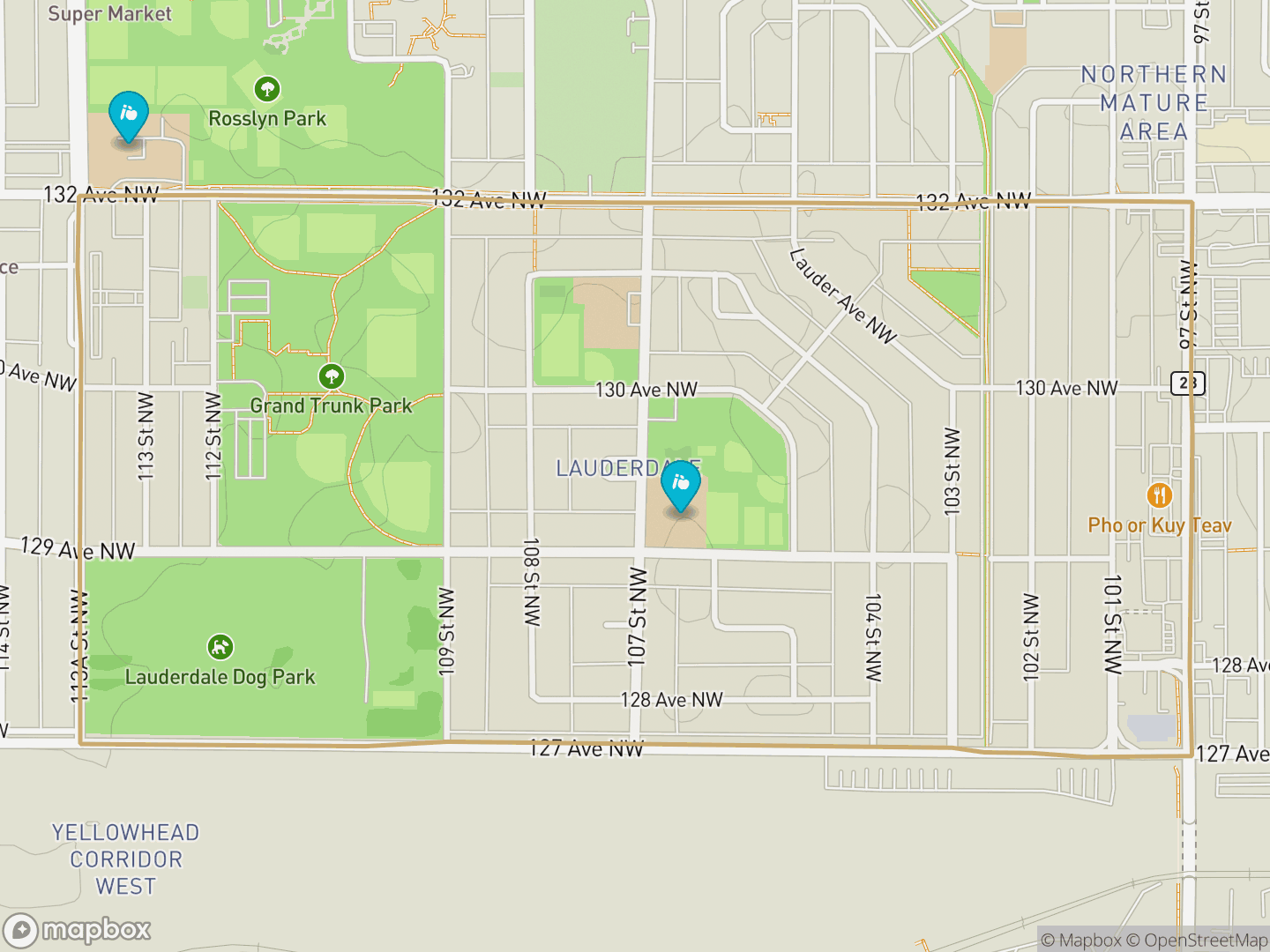 Map of Lauderdale, Edmonton — neighbourhood boundary, 2 schools, parks and surrounding streets.