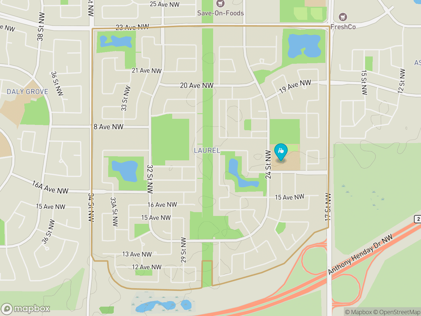 Map of Laurel, Edmonton — neighbourhood boundary, 1 school, parks and surrounding streets.