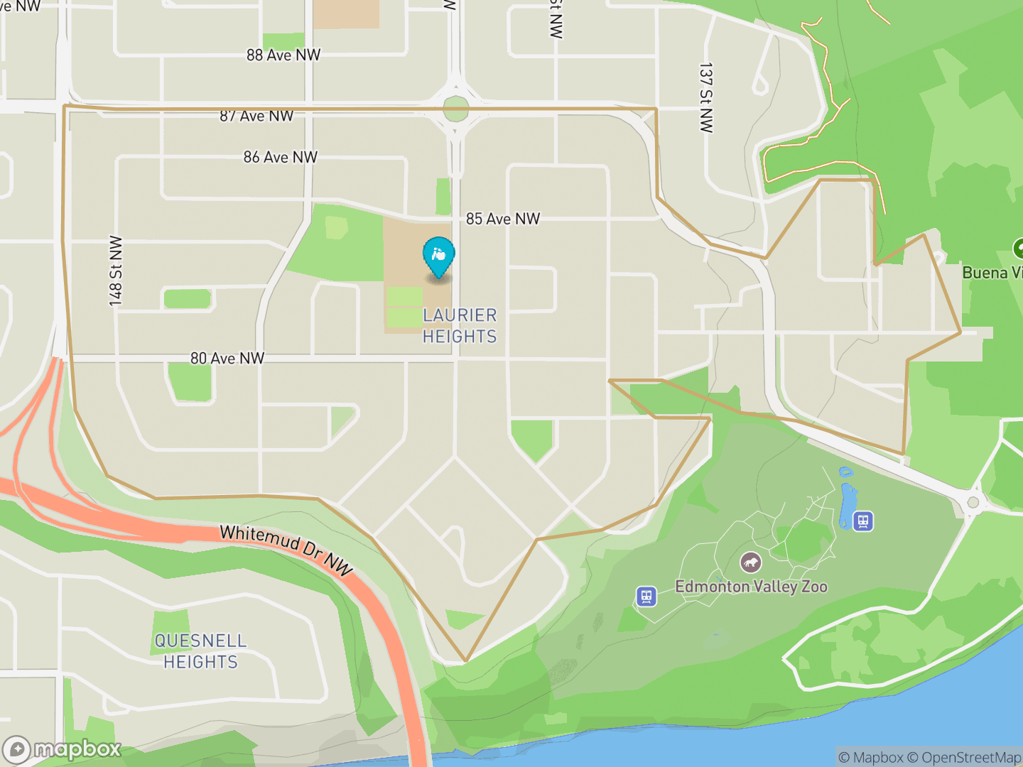 Map of Laurier Heights, Edmonton — neighbourhood boundary, 1 school, parks and surrounding streets.