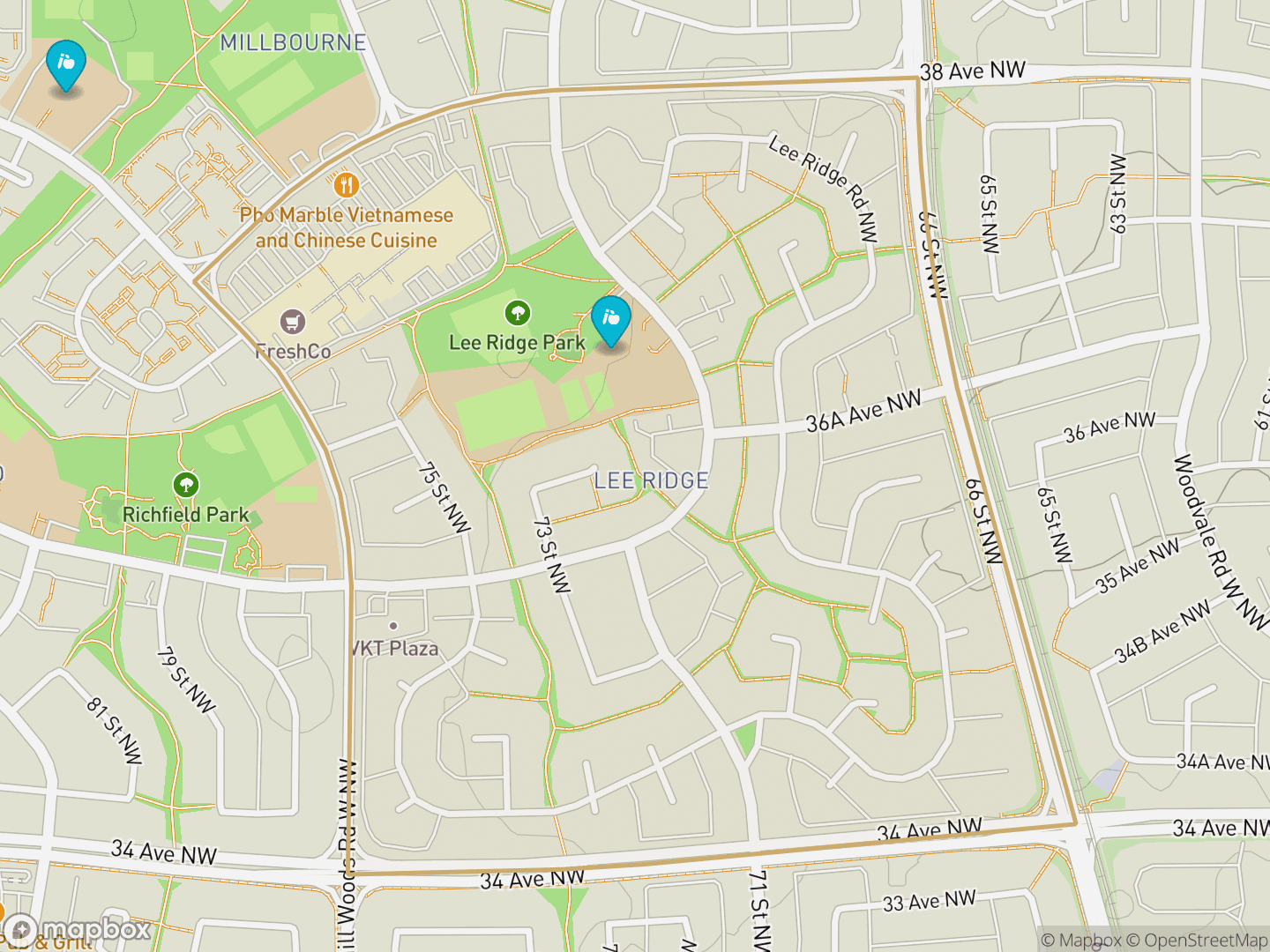 Map of Lee Ridge, Edmonton — neighbourhood boundary, 2 schools, parks and surrounding streets.