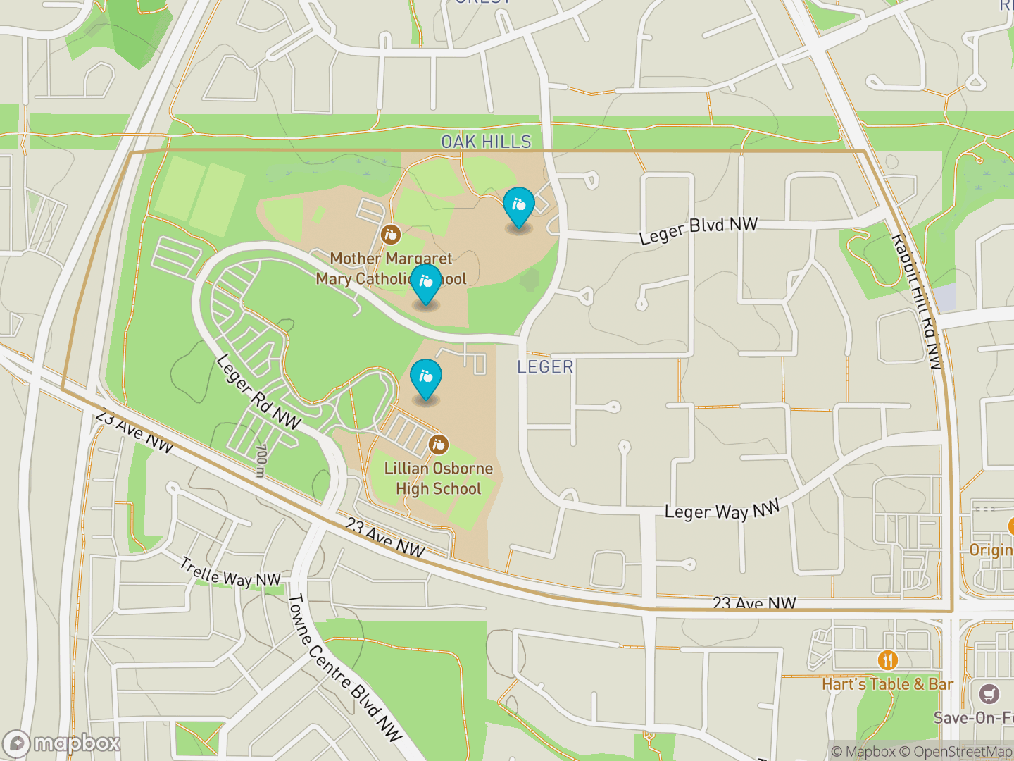Map of Leger, Edmonton — neighbourhood boundary, 3 schools, parks and surrounding streets.