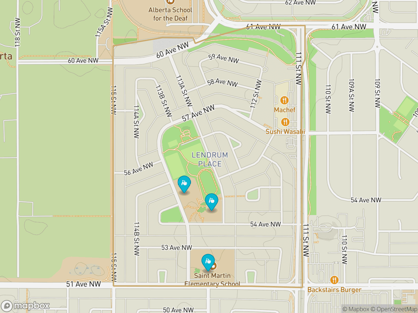 Map of Lendrum Place, Edmonton — neighbourhood boundary, 3 schools, parks and surrounding streets.