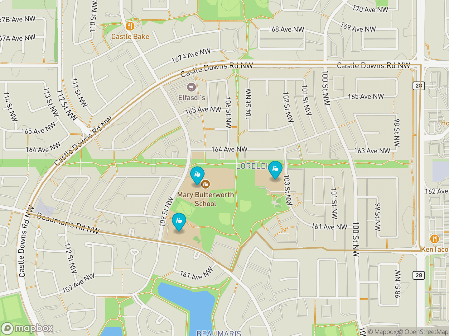 Map of Lorelei, Edmonton — neighbourhood boundary, 3 schools, parks and surrounding streets.