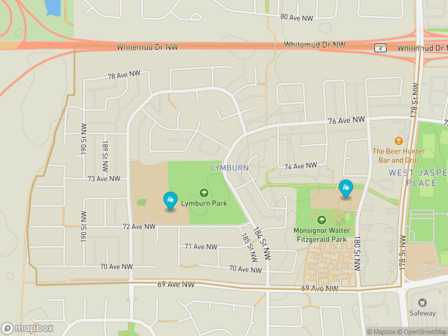 Map of Lymburn, Edmonton — neighbourhood boundary, 2 schools, parks and surrounding streets.