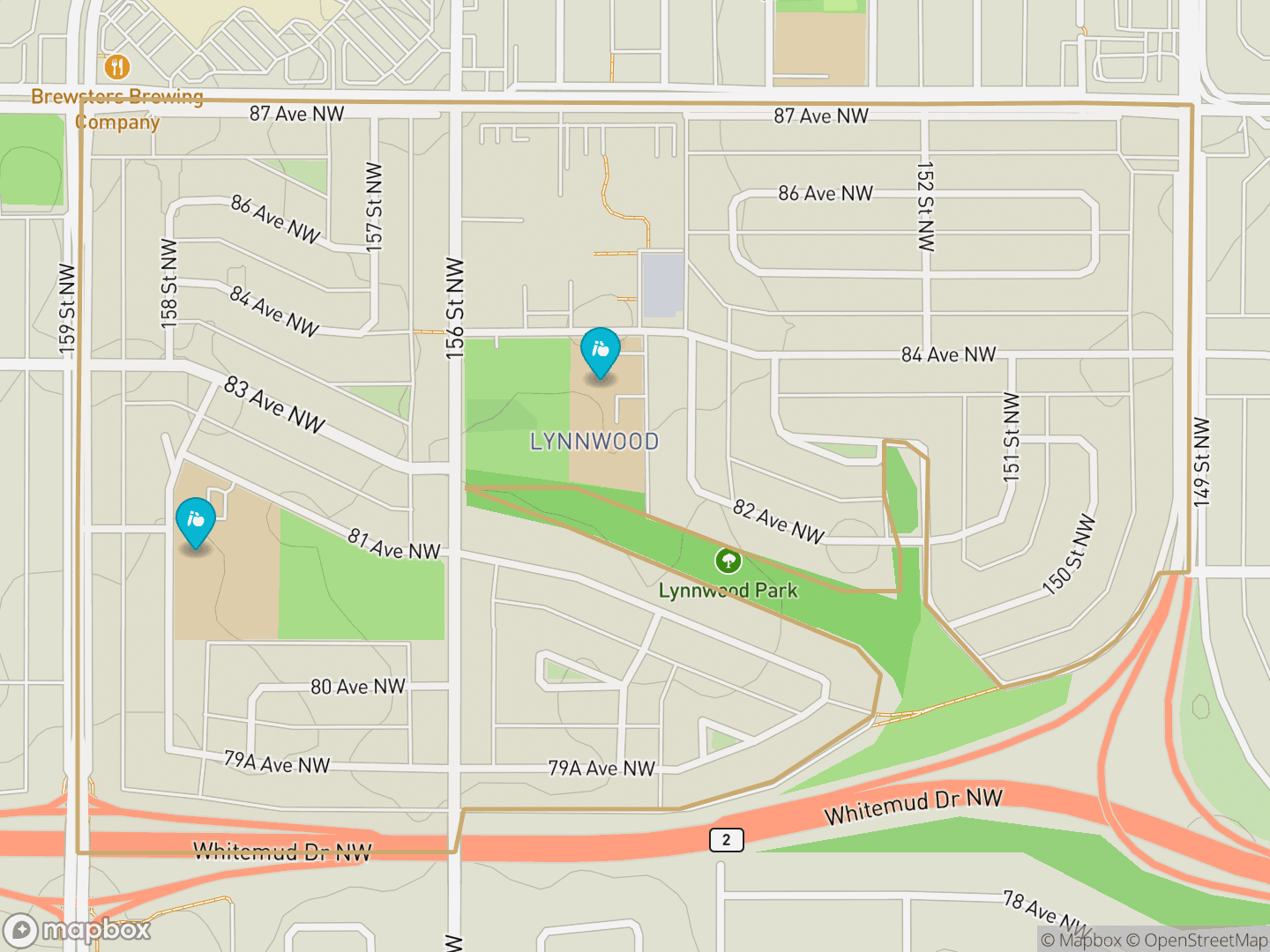 Map of Lynnwood, Edmonton — neighbourhood boundary, 2 schools, parks and surrounding streets.