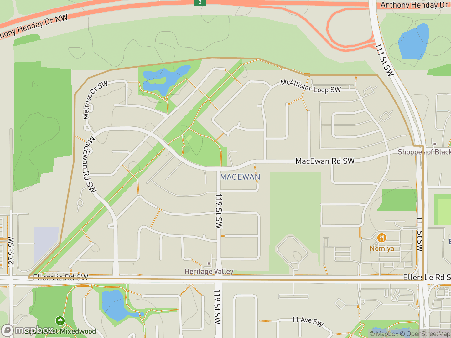 Map of MacEwan, Edmonton — neighbourhood boundary, parks and surrounding streets.
