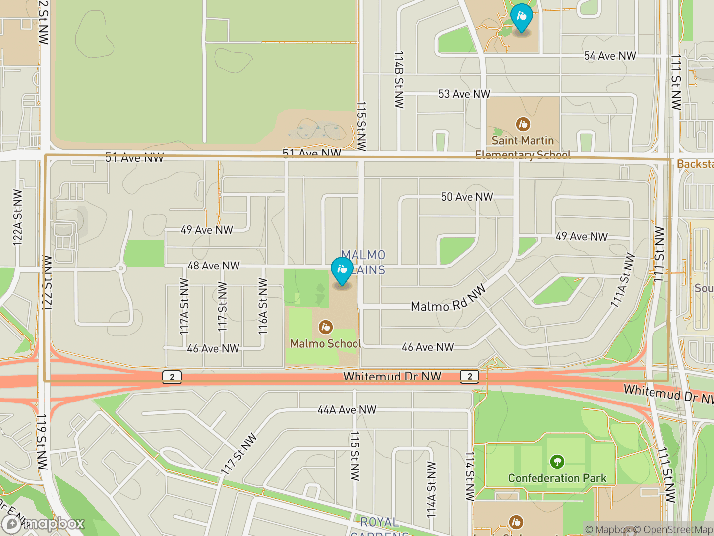 Map of Malmo Plains, Edmonton — neighbourhood boundary, 2 schools, parks and surrounding streets.