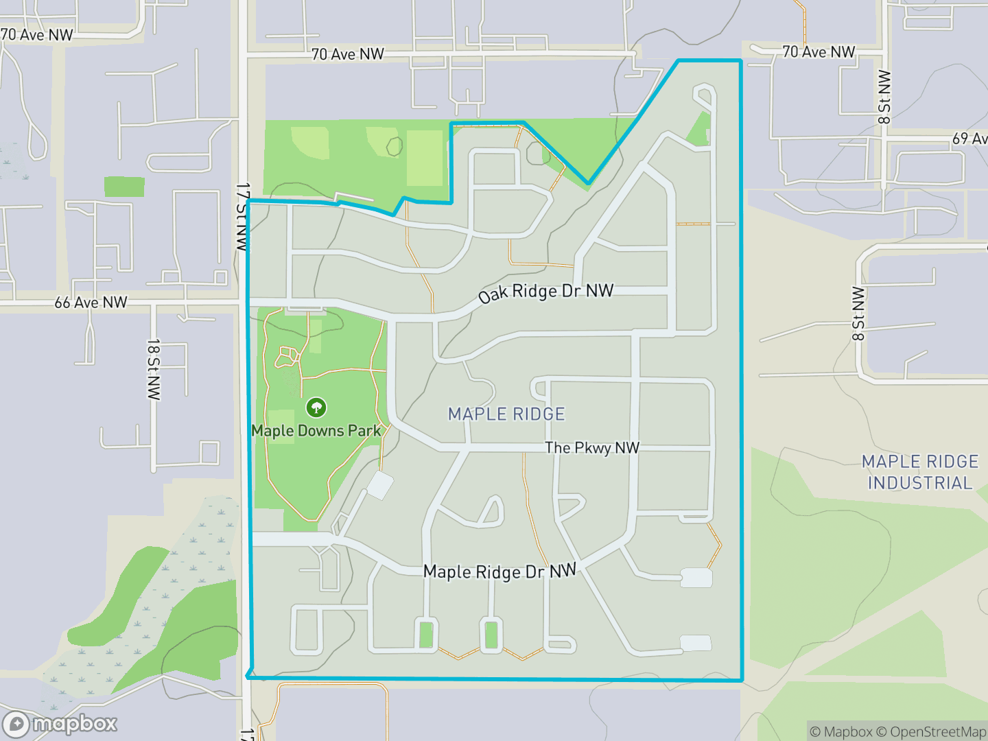 Map of Maple Ridge, Edmonton — neighbourhood boundary, parks and surrounding streets.