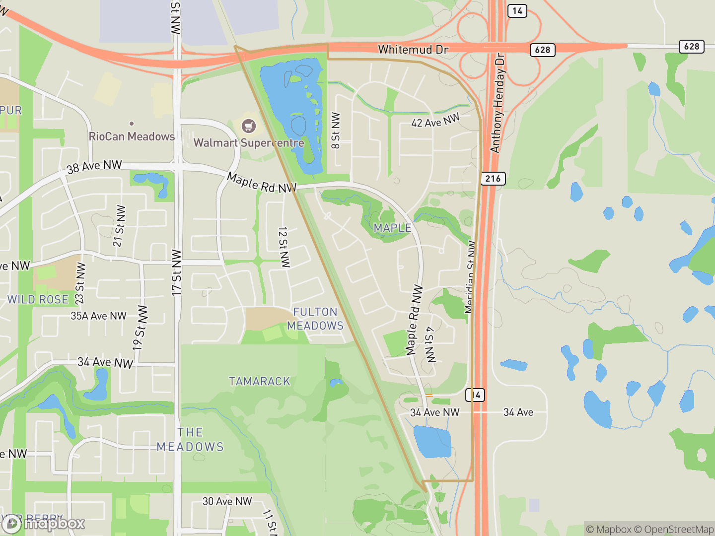 Map of Maple, Edmonton — neighbourhood boundary, parks and surrounding streets.