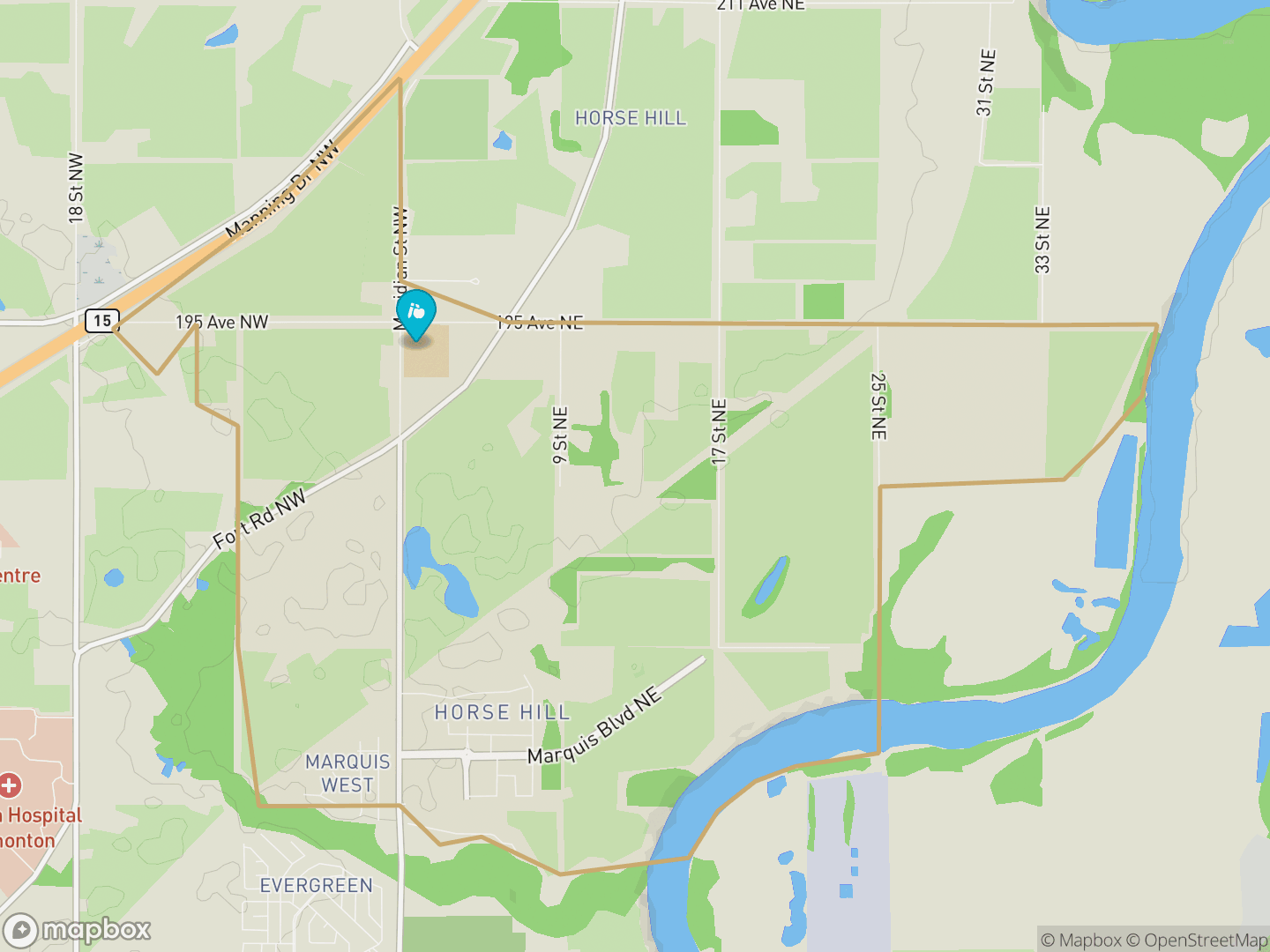 Map of Marquis, Edmonton — neighbourhood boundary, 1 school, parks and surrounding streets.