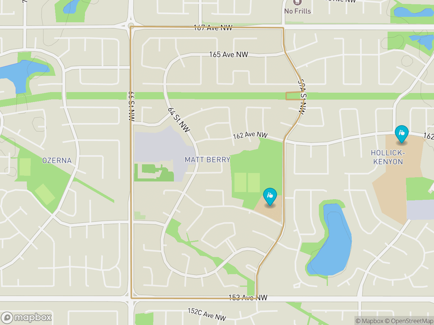 Map of Matt Berry, Edmonton — neighbourhood boundary, 2 schools, parks and surrounding streets.