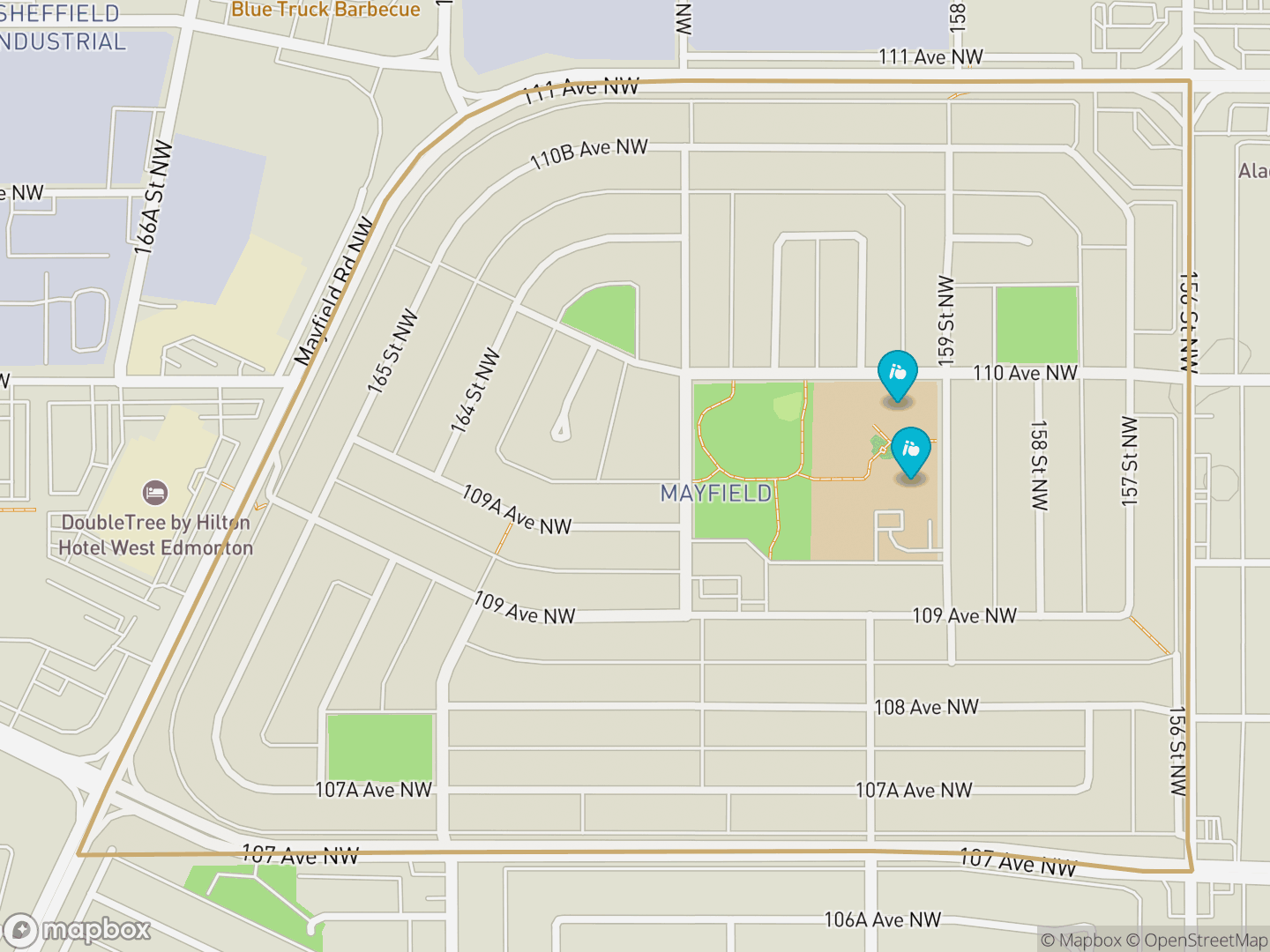 Map of Mayfield, Edmonton — neighbourhood boundary, 2 schools, parks and surrounding streets.