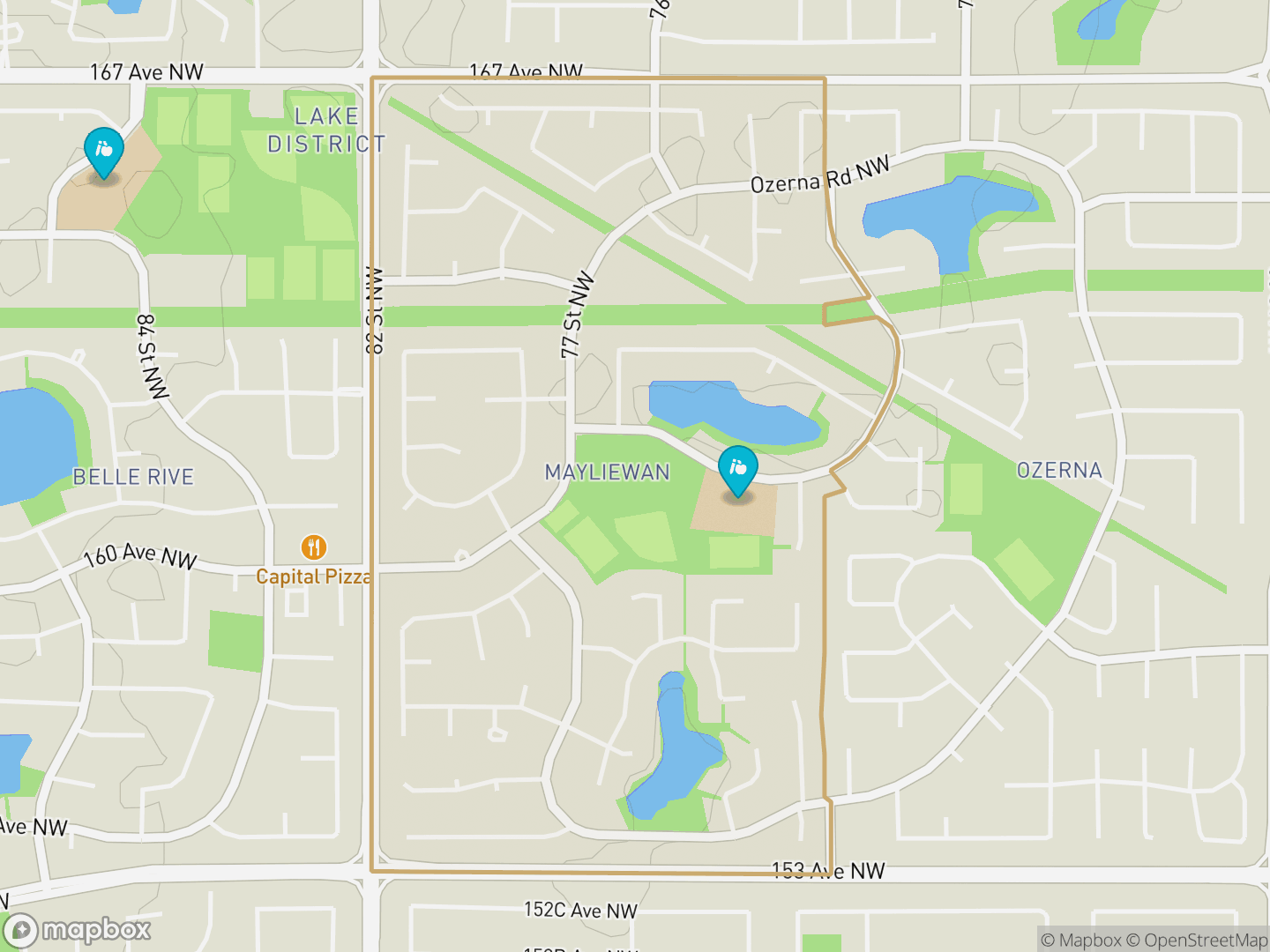 Map of Mayliewan, Edmonton — neighbourhood boundary, 2 schools, parks and surrounding streets.