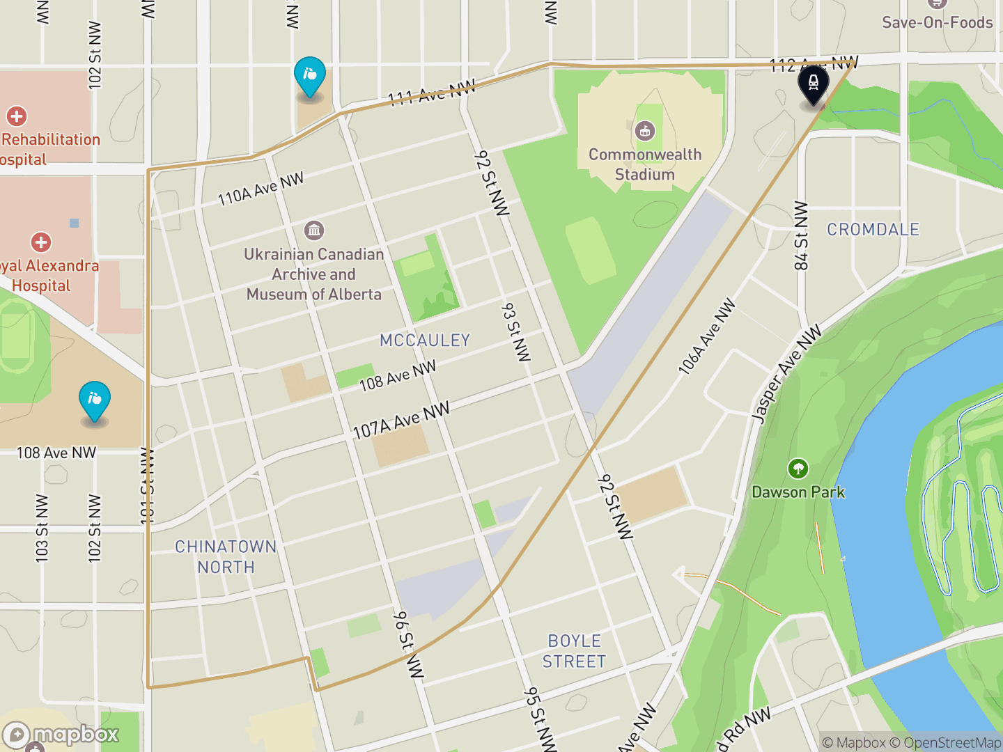 Map of McCauley, Edmonton — neighbourhood boundary with 1 LRT station, 2 schools, parks and surrounding streets.