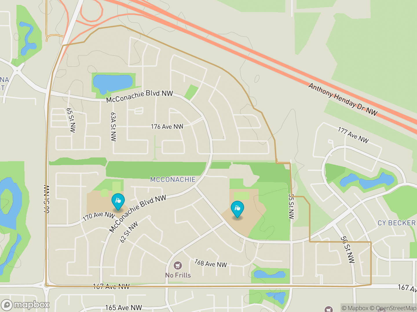 Map of McConachie, Edmonton — neighbourhood boundary, 2 schools, parks and surrounding streets.