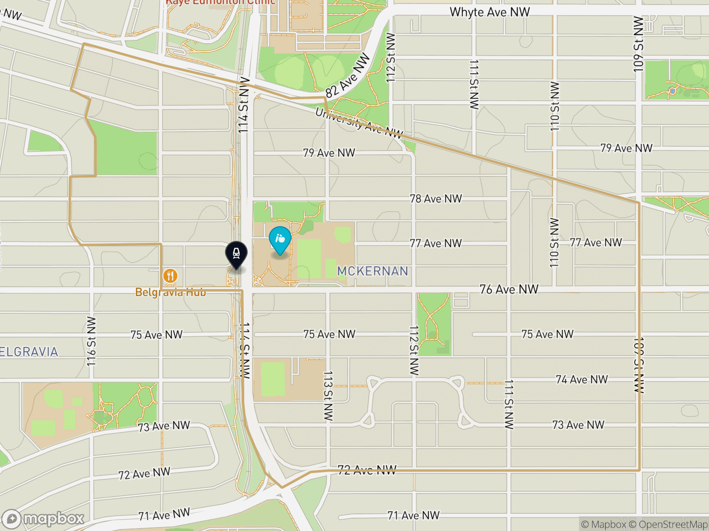 Map of McKernan, Edmonton — neighbourhood boundary with 1 LRT station, 1 school, parks and surrounding streets.
