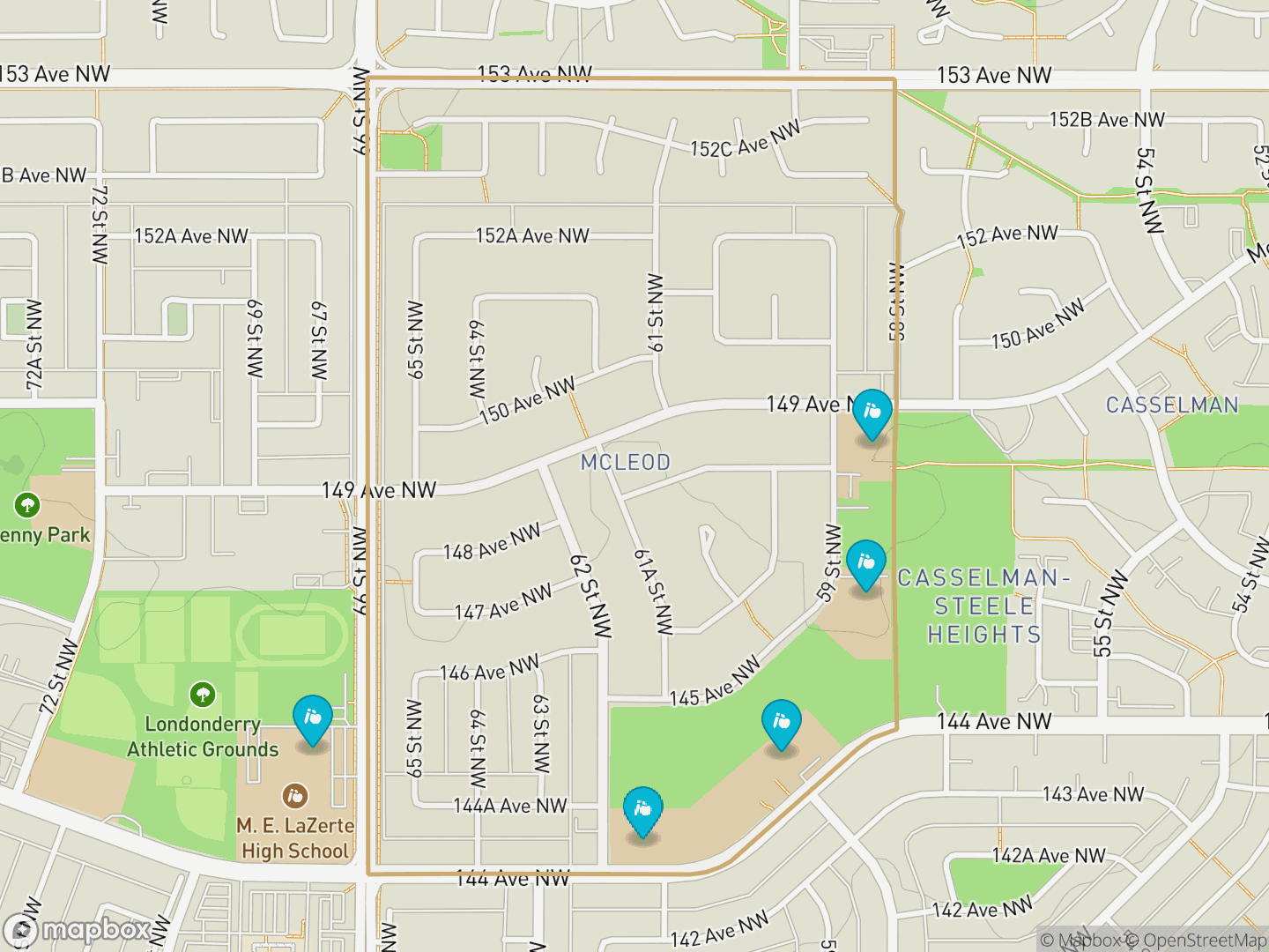 Map of McLeod, Edmonton — neighbourhood boundary, 5 schools, parks and surrounding streets.