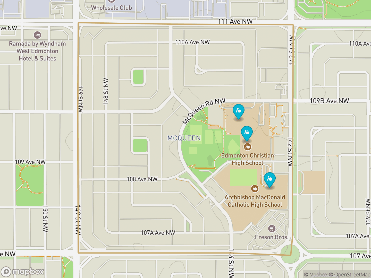 Map of McQueen, Edmonton — neighbourhood boundary, 3 schools, parks and surrounding streets.
