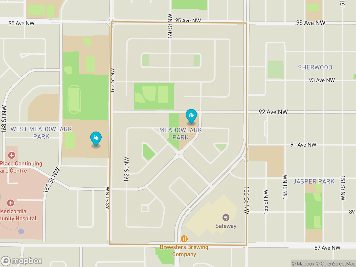Map of Meadowlark Park, Edmonton — neighbourhood boundary, 2 schools, parks and surrounding streets.