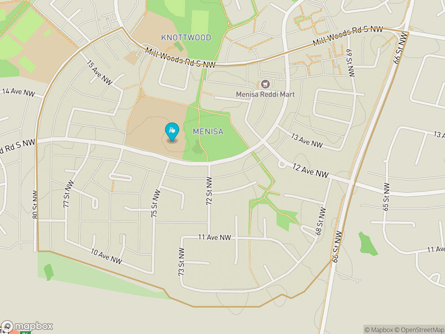 Map of Menisa, Edmonton — neighbourhood boundary, 1 school, parks and surrounding streets.