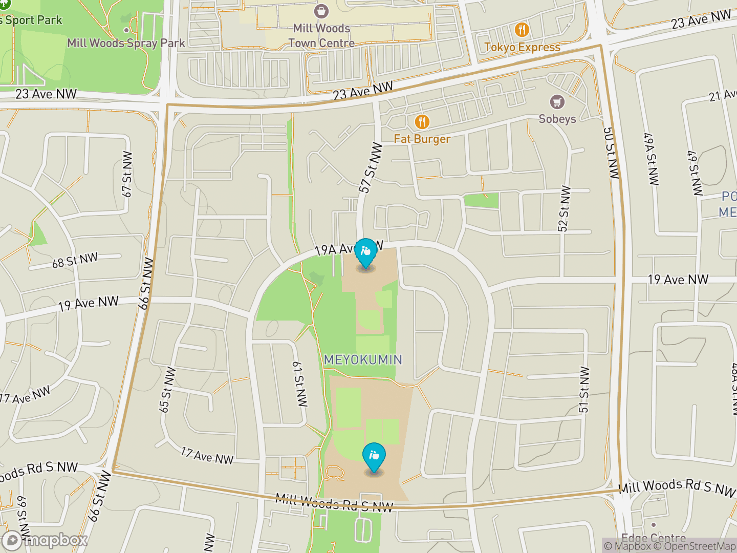 Map of Meyokumin, Edmonton — neighbourhood boundary, 2 schools, parks and surrounding streets.