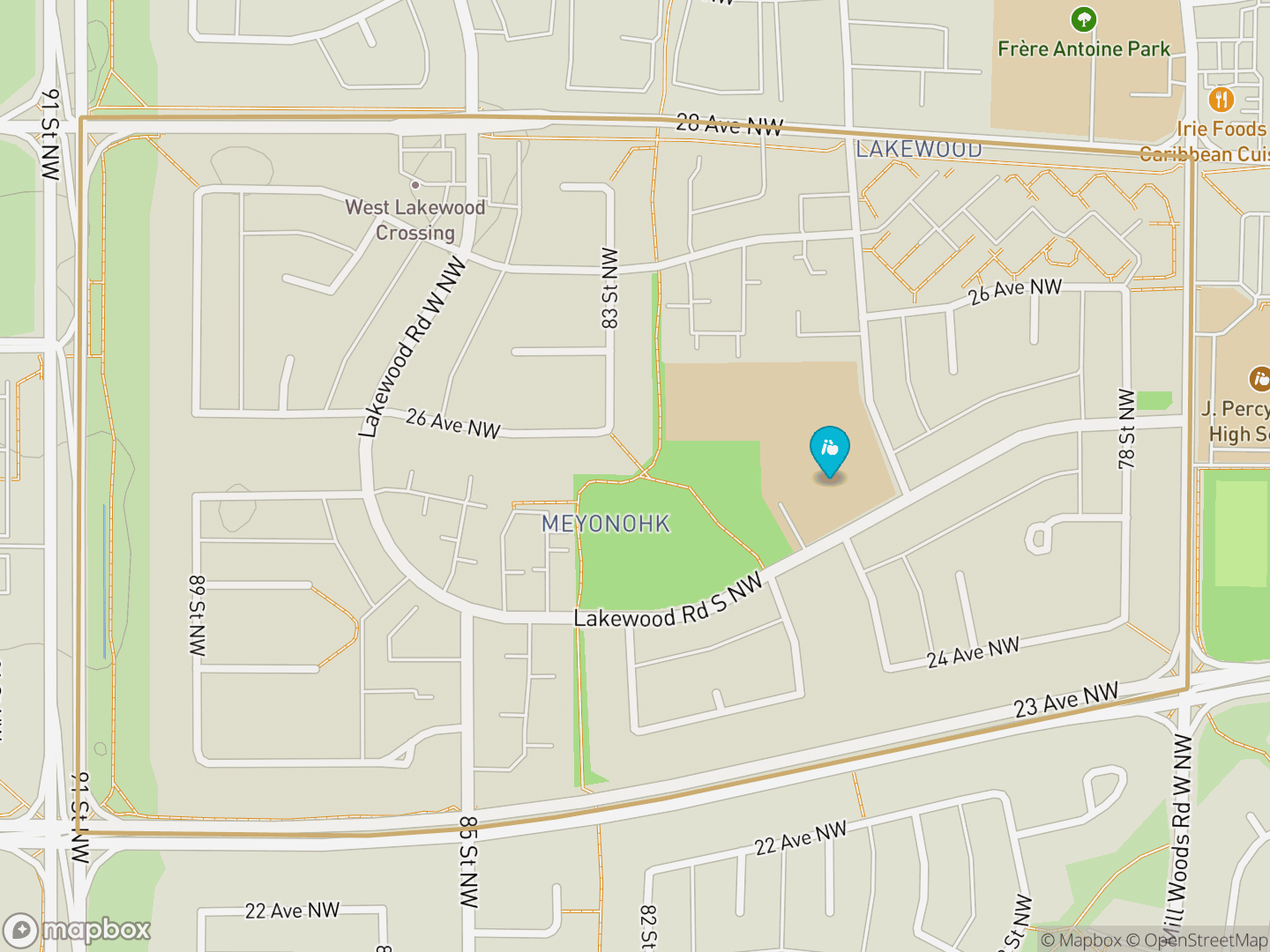 Map of Meyonohk, Edmonton — neighbourhood boundary, 1 school, parks and surrounding streets.