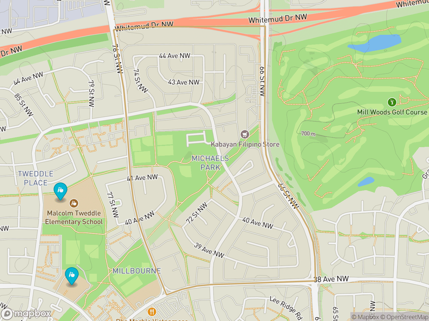 Map of Michaels Park, Edmonton — neighbourhood boundary, 2 schools, parks and surrounding streets.