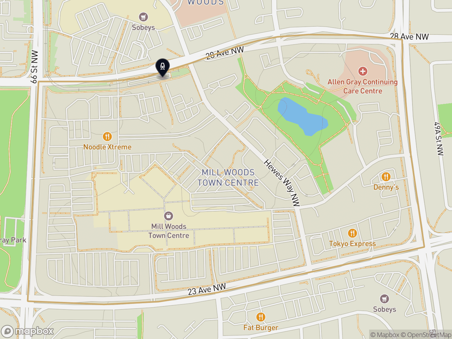 Map of Mill Woods Town Centre, Edmonton — neighbourhood boundary with 1 LRT station, parks and surrounding streets.