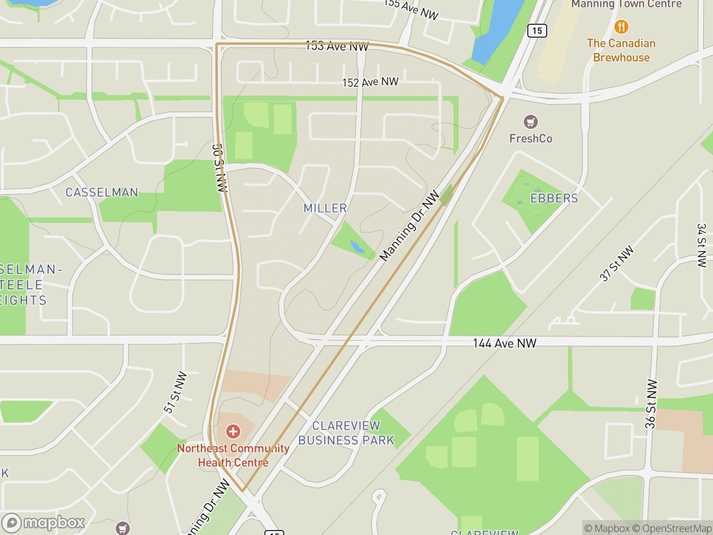 Map of Miller, Edmonton — neighbourhood boundary, parks and surrounding streets.