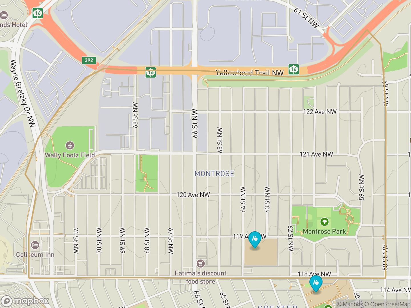 Map of Montrose, Edmonton — neighbourhood boundary, 2 schools, parks and surrounding streets.