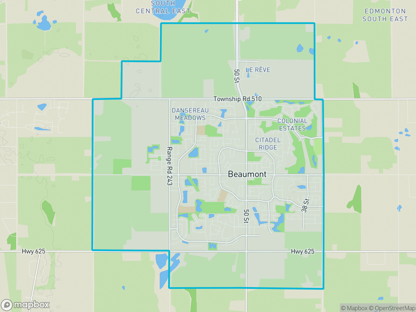 Map showing the location and boundary of Beaumont, Alberta, within the Edmonton metropolitan region.