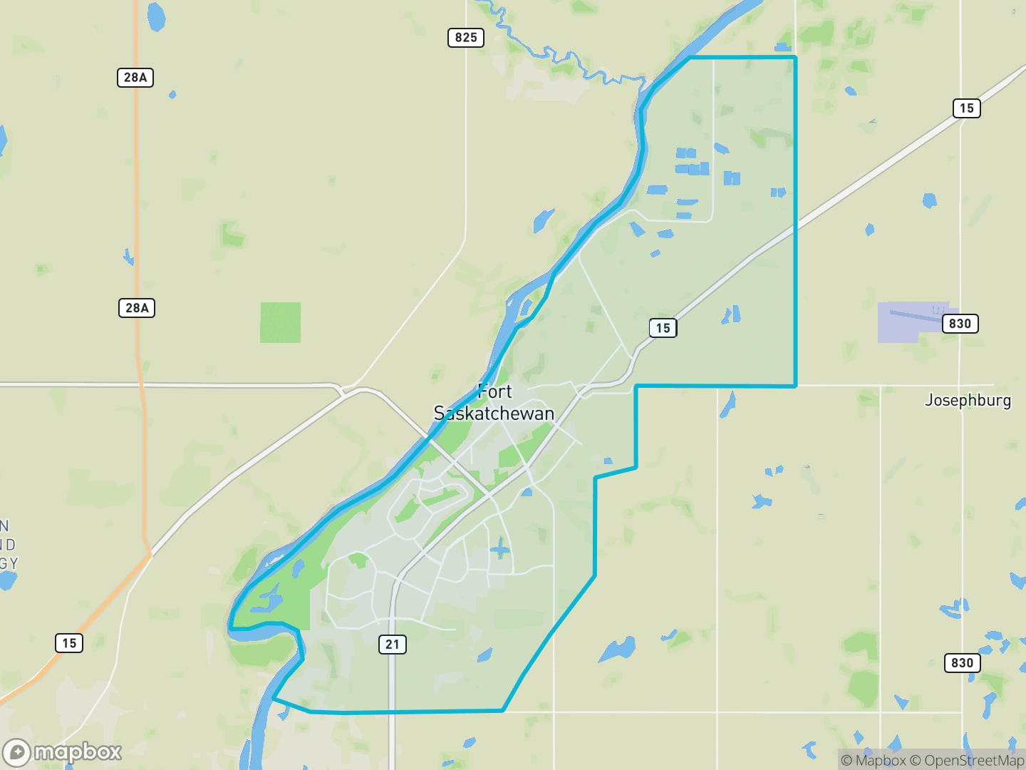 Map showing the location and boundary of Fort Saskatchewan, Alberta, within the Edmonton metropolitan region.