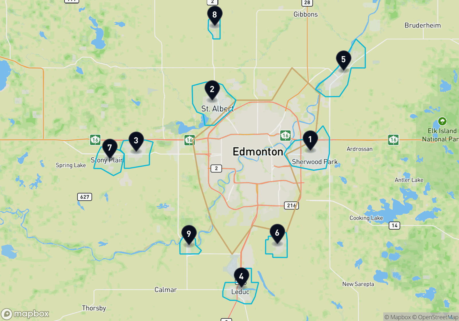 Map of the Edmonton metropolitan region: Edmonton outlined in sand at the centre, with the 9 surrounding towns outlined in teal and marked by numbered pins 1 to 9, ordered by population and keyed to the list and table below.