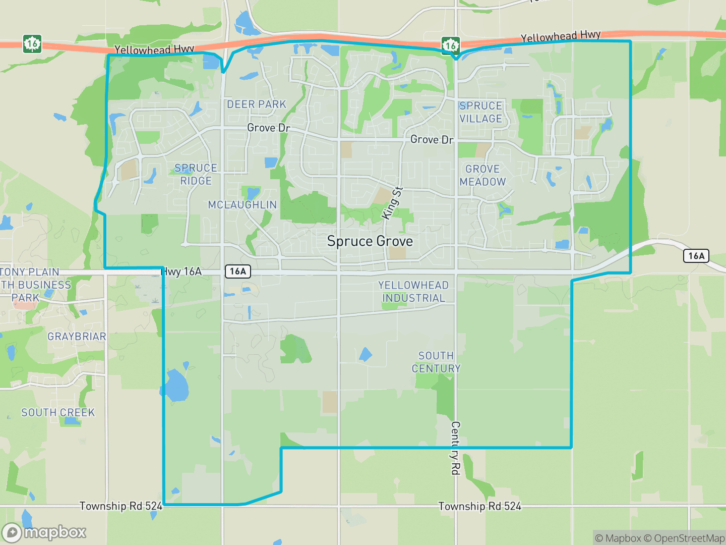 Map showing the location and boundary of Spruce Grove, Alberta, within the Edmonton metropolitan region.
