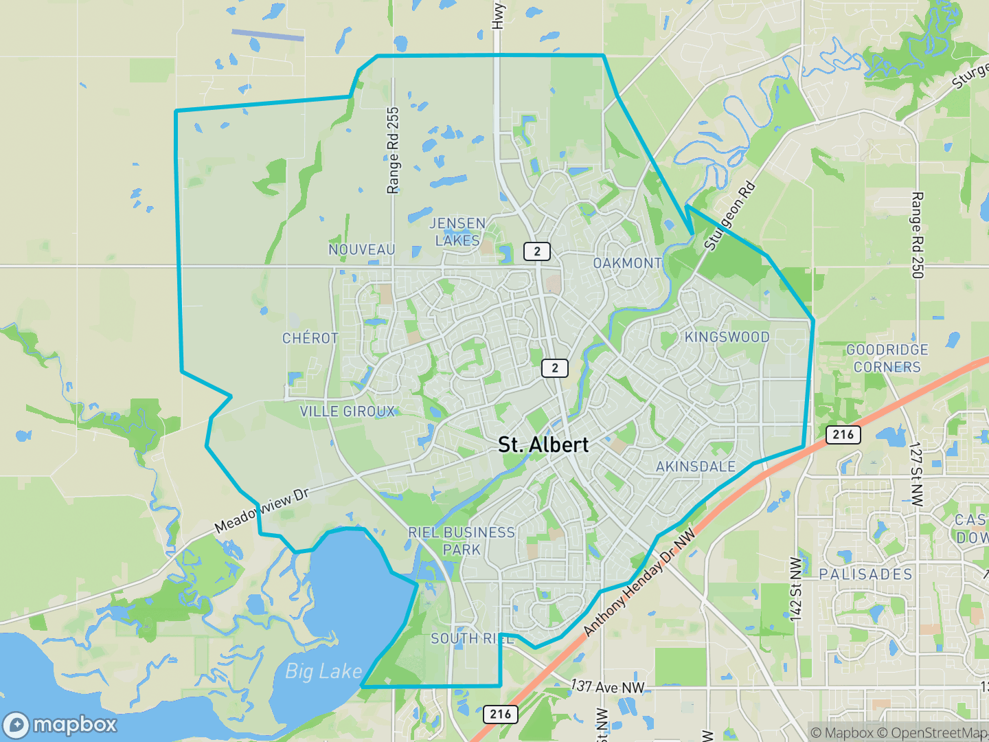 Map showing the location and boundary of St. Albert, Alberta, within the Edmonton metropolitan region.