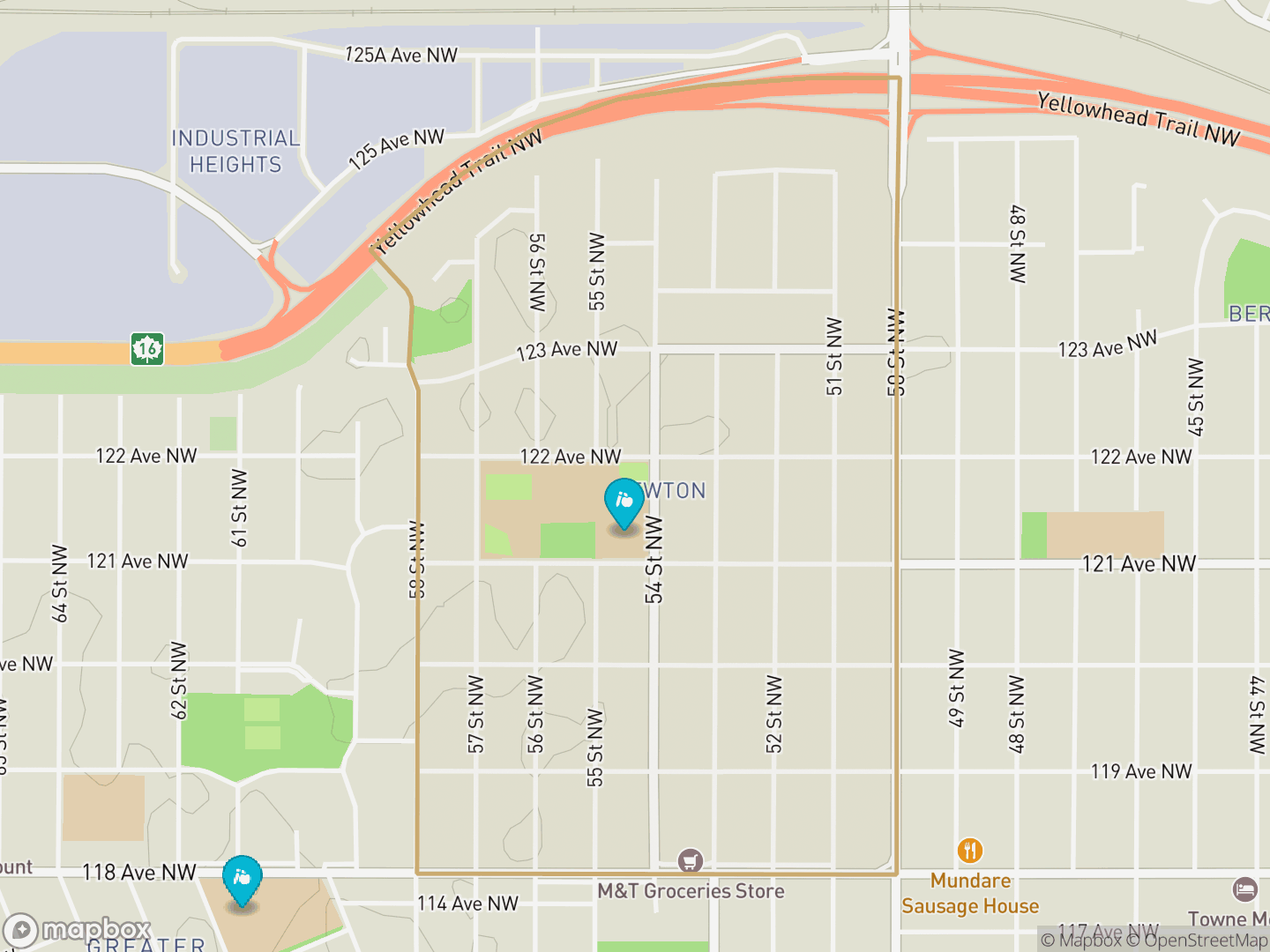 Map of Newton, Edmonton — neighbourhood boundary, 2 schools, parks and surrounding streets.