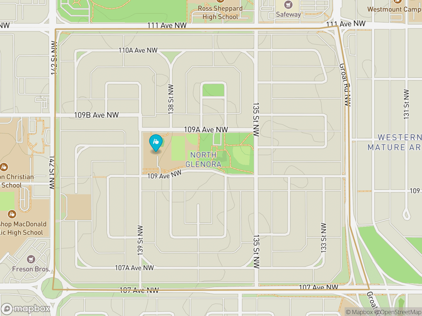 Map of North Glenora, Edmonton — neighbourhood boundary, 1 school, parks and surrounding streets.