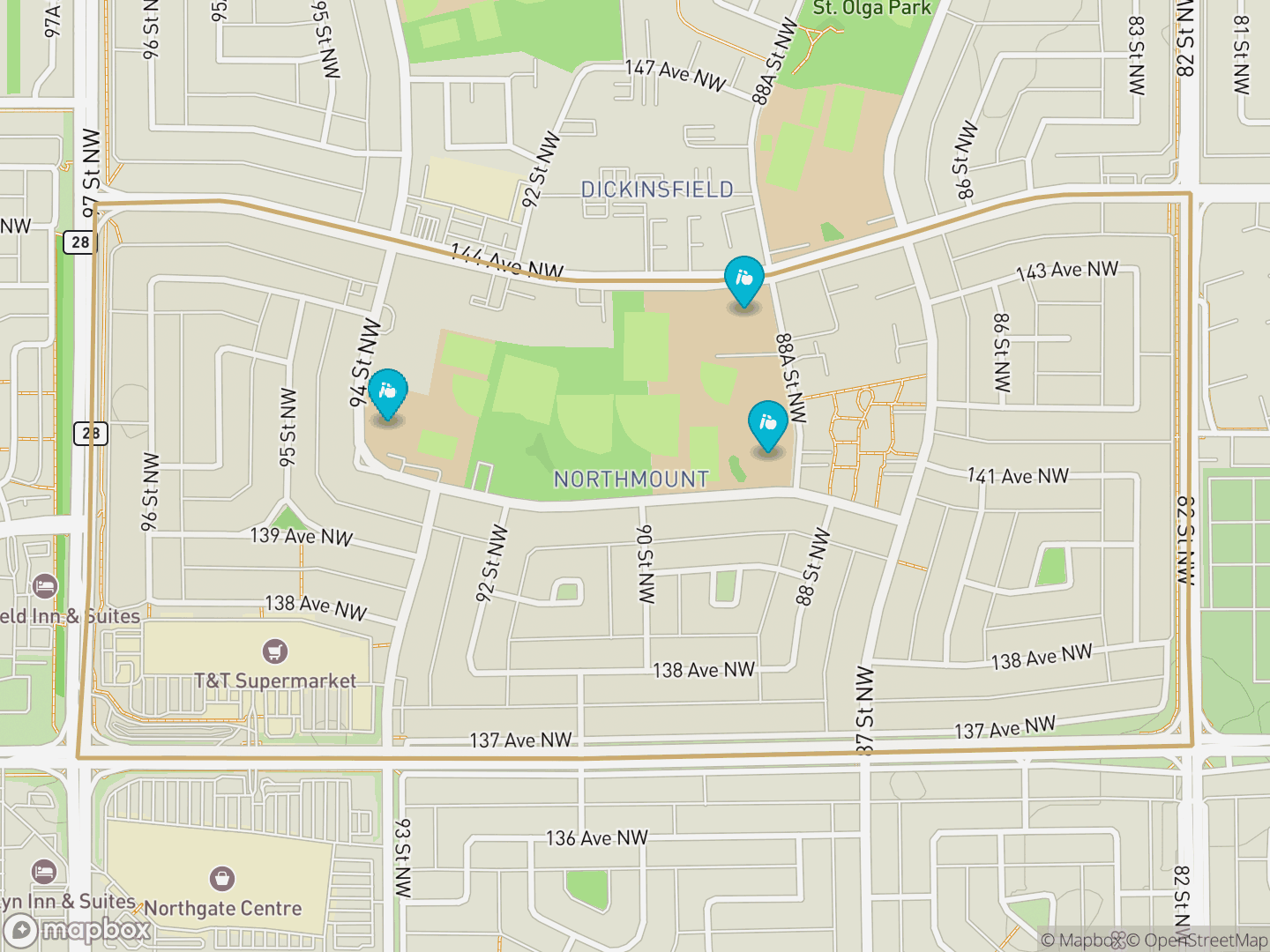Map of Northmount, Edmonton — neighbourhood boundary, 3 schools, parks and surrounding streets.