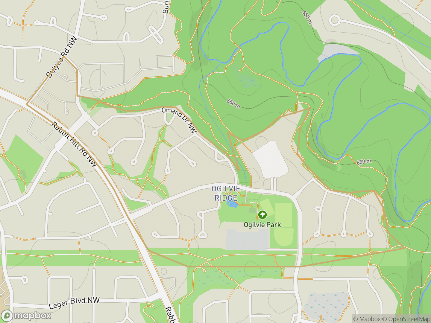 Map of Ogilvie Ridge, Edmonton — neighbourhood boundary, parks and surrounding streets.
