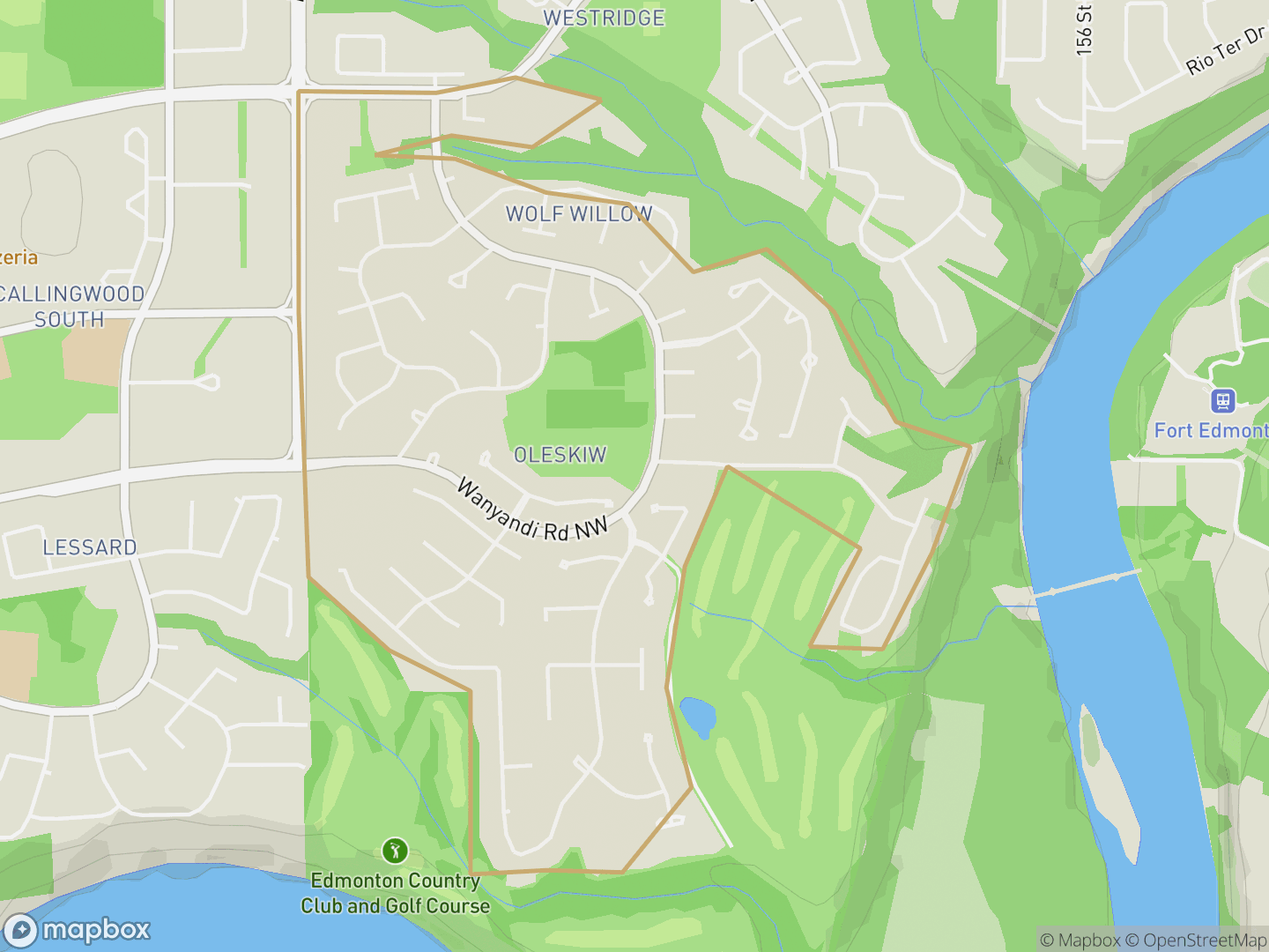 Map of Oleskiw, Edmonton — neighbourhood boundary, parks and surrounding streets.