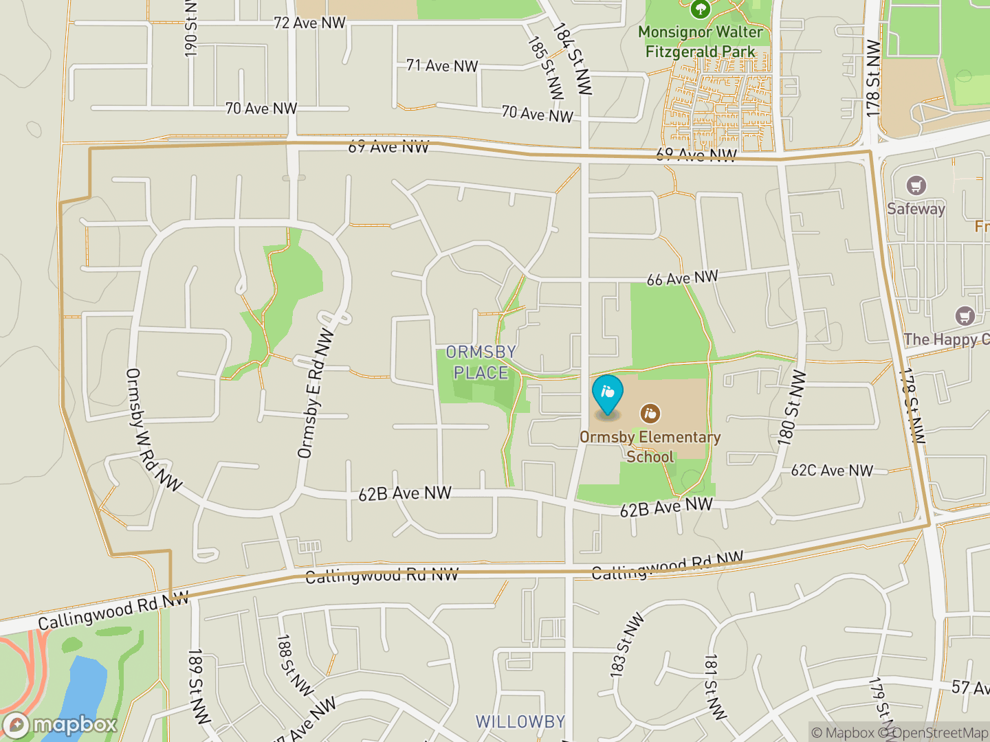 Map of Ormsby Place, Edmonton — neighbourhood boundary, 1 school, parks and surrounding streets.