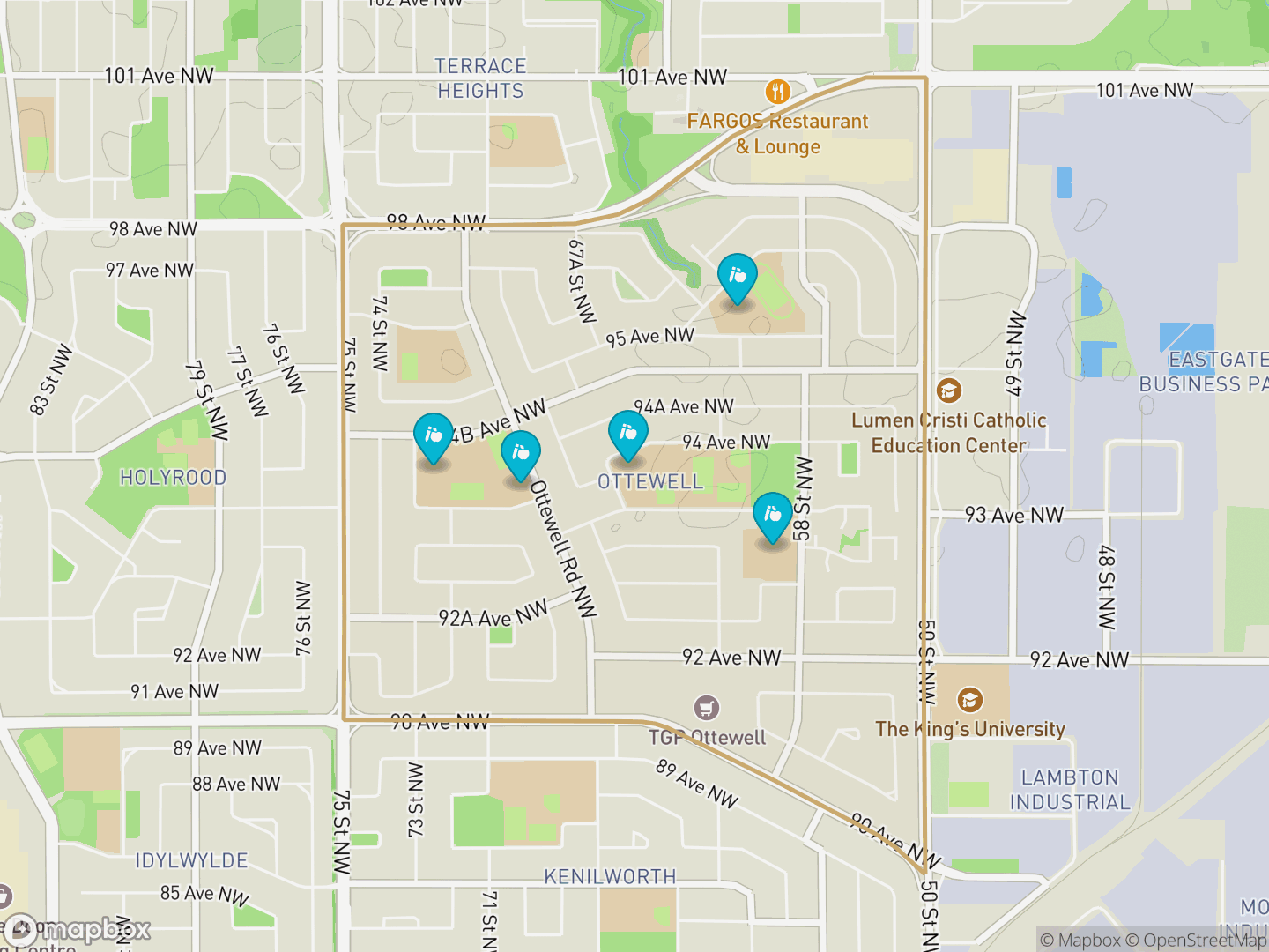Map of Ottewell, Edmonton — neighbourhood boundary, 5 schools, parks and surrounding streets.