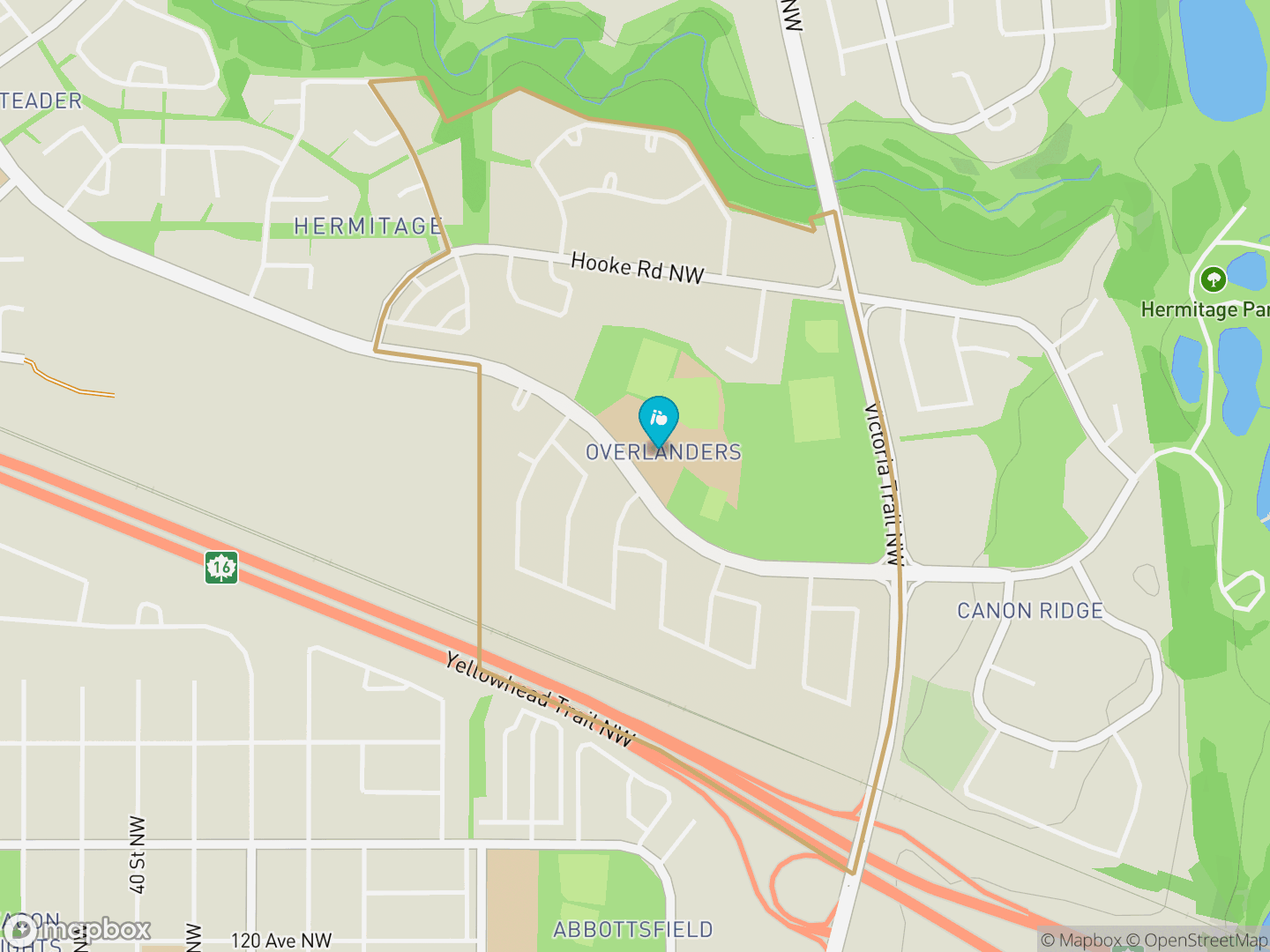 Map of Overlanders, Edmonton — neighbourhood boundary, 1 school, parks and surrounding streets.