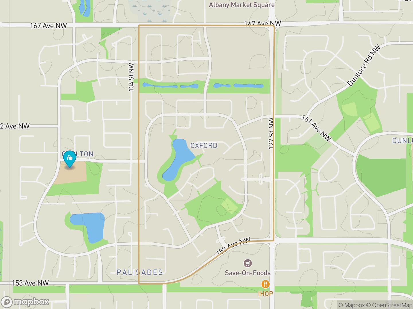 Map of Oxford, Edmonton — neighbourhood boundary, 1 school, parks and surrounding streets.