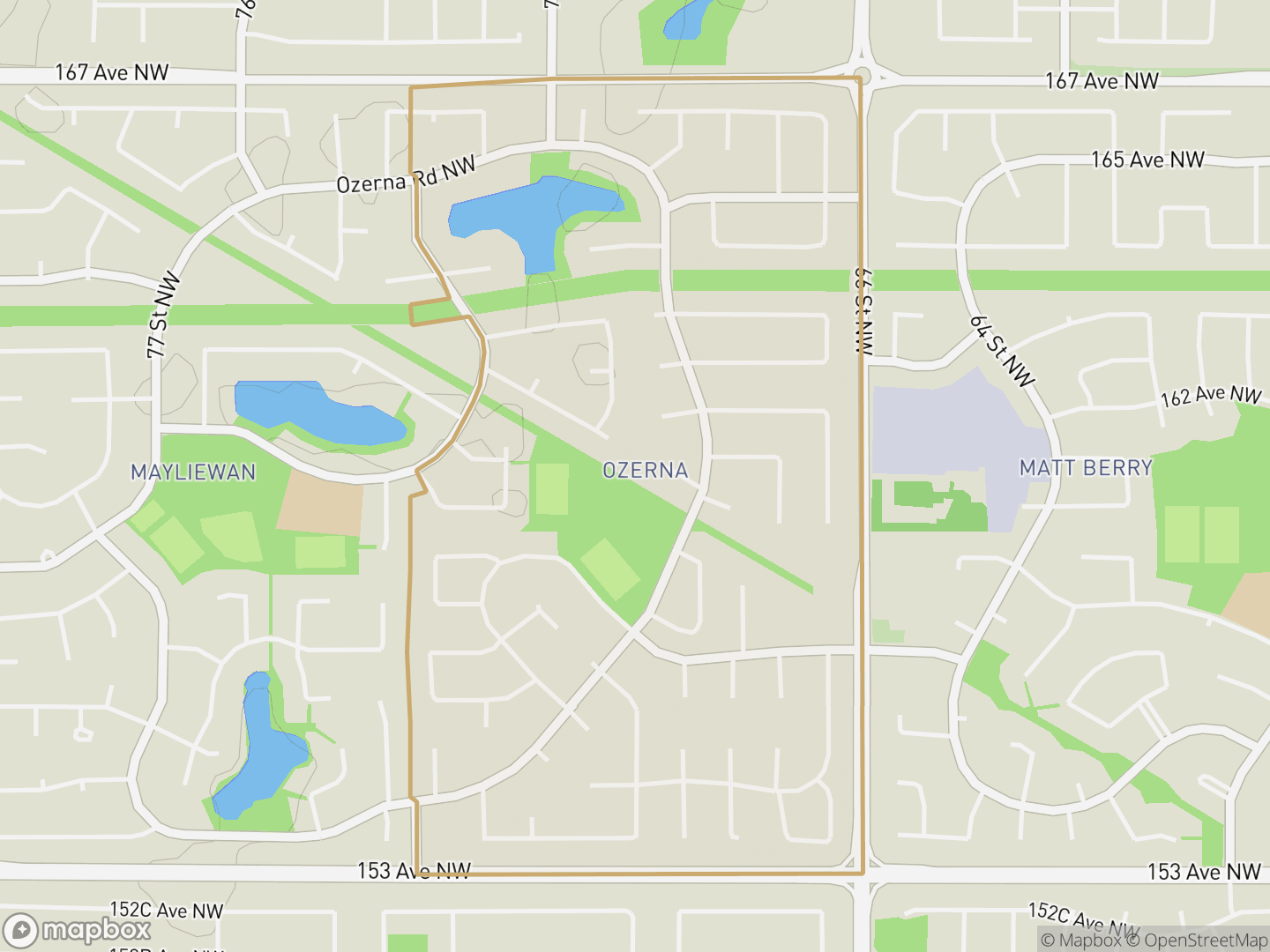 Map of Ozerna, Edmonton — neighbourhood boundary, parks and surrounding streets.